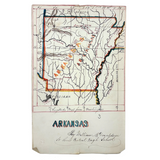 ARKANSAS! Lovely Hand-drawn Ink and Watercolor Map by William Donaldson, St. Louis Central High, 1857