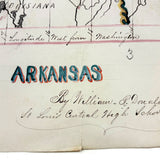 ARKANSAS! Lovely Hand-drawn Ink and Watercolor Map by William Donaldson, St. Louis Central High, 1857
