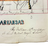 ARKANSAS! Lovely Hand-drawn Ink and Watercolor Map by William Donaldson, St. Louis Central High, 1857