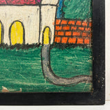 Wonderfully Bold Naive Crayon Drawing of Mission Style Church, Framed as Found