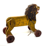 Roaring Yellow Lion, Great, Much Loved, Old Wooden Pull Along Toy