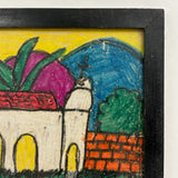 Wonderfully Bold Naive Crayon Drawing of Mission Style Church, Framed as Found