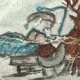 Santa On the Roof and Santa with Reindeer, Charming 19th Century Folk Art Ink and Watercolor