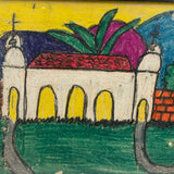 Wonderfully Bold Naive Crayon Drawing of Mission Style Church, Framed as Found