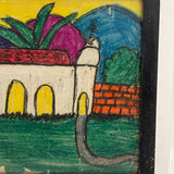 Wonderfully Bold Naive Crayon Drawing of Mission Style Church, Framed as Found