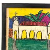 Wonderfully Bold Naive Crayon Drawing of Mission Style Church, Framed as Found