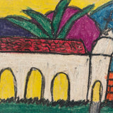 Wonderfully Bold Naive Crayon Drawing of Mission Style Church, Framed as Found