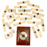 18th Century Quadrille Gaming Box with Scoring Dial and 20 Hand-painted Club Gaming Pieces