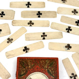 18th Century Quadrille Gaming Box with Scoring Dial and 20 Hand-painted Club Gaming Pieces