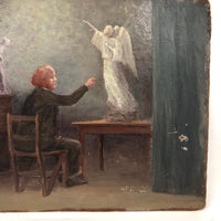 Delightfully Awkward Oil on Masonite Painting of Sculptor in His Studio