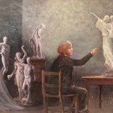 Delightfully Awkward Oil on Masonite Painting of Sculptor in His Studio