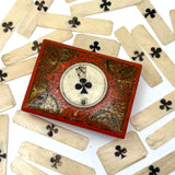 18th Century Quadrille Gaming Box with Scoring Dial and 20 Hand-painted Club Gaming Pieces