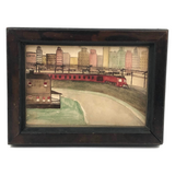 Sweet Old Naive Waterciolor of Red Train Against Sky Line, Framed