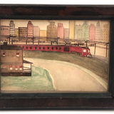 Sweet Old Naive Waterciolor of Red Train Against Sky Line, Framed