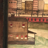 Sweet Old Naive Waterciolor of Red Train Against Sky Line, Framed