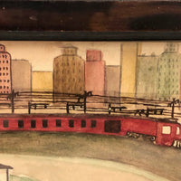 Sweet Old Naive Waterciolor of Red Train Against Sky Line, Framed