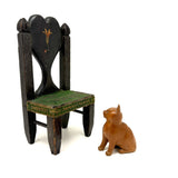 Hand-carved Folk Doll Chair Plus Hand-carved Cat Inhabitant (Signed + Repaired Tail)