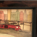 Sweet Old Naive Waterciolor of Red Train Against Sky Line, Framed