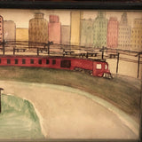 Sweet Old Naive Waterciolor of Red Train Against Sky Line, Framed
