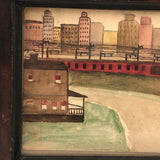 Sweet Old Naive Waterciolor of Red Train Against Sky Line, Framed