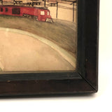 Sweet Old Naive Waterciolor of Red Train Against Sky Line, Framed