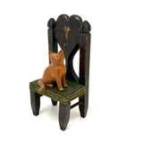 Hand-carved Folk Doll Chair Plus Hand-carved Cat Inhabitant (Signed + Repaired Tail)