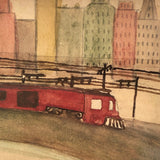 Sweet Old Naive Waterciolor of Red Train Against Sky Line, Framed