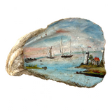 19th Century Folk Art Painted (Extra Large) Oyster Shell with Sailboats, Lighthouse and Dutch Flag