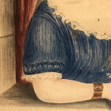 Young Woman at Window,  Fine c. 1840 Watercolor in Period Lemon Gold Frame