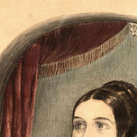 Young Woman at Window,  Fine c. 1840 Watercolor in Period Lemon Gold Frame
