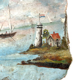 19th Century Folk Art Painted (Extra Large) Oyster Shell with Sailboats, Lighthouse and Dutch Flag