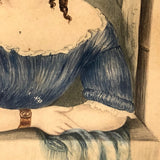 Young Woman at Window,  Fine c. 1840 Watercolor in Period Lemon Gold Frame