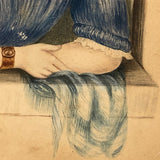 Young Woman at Window,  Fine c. 1840 Watercolor in Period Lemon Gold Frame