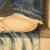 Young Woman at Window,  Fine c. 1840 Watercolor in Period Lemon Gold Frame