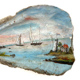 19th Century Folk Art Painted (Extra Large) Oyster Shell with Sailboats, Lighthouse and Dutch Flag