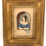 Young Woman at Window,  Fine c. 1840 Watercolor in Period Lemon Gold Frame