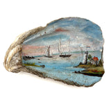 19th Century Folk Art Painted (Extra Large) Oyster Shell with Sailboats, Lighthouse and Dutch Flag