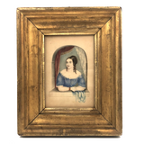 Young Woman at Window,  Fine c. 1840 Watercolor in Period Lemon Gold Frame