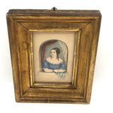 Young Woman at Window,  Fine c. 1840 Watercolor in Period Lemon Gold Frame