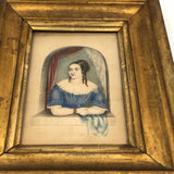 Young Woman at Window,  Fine c. 1840 Watercolor in Period Lemon Gold Frame