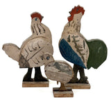 Rooster, Hen, Chick: Sweet Old Wooden Folk Art Bobbing Head Birds with Rail Base