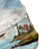 19th Century Folk Art Painted (Extra Large) Oyster Shell with Sailboats, Lighthouse and Dutch Flag