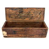 Highly Empathetic Old Homemade Wooden Box with Curious Joints and Many Drill Holes