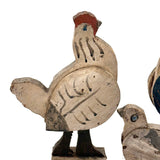 Rooster, Hen, Chick: Sweet Old Wooden Folk Art Bobbing Head Birds with Rail Base
