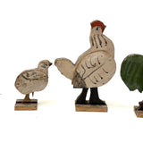 Rooster, Hen, Chick: Sweet Old Wooden Folk Art Bobbing Head Birds with Rail Base