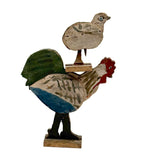 Rooster, Hen, Chick: Sweet Old Wooden Folk Art Bobbing Head Birds with Rail Base