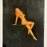 Charmingly Naive Pin Up Style Pastel Nude on Black Ground