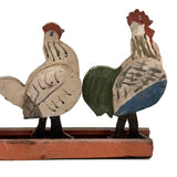 Rooster, Hen, Chick: Sweet Old Wooden Folk Art Bobbing Head Birds with Rail Base