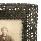 Young Man in Folk Art Chair, Antique Cabinet Card in Period Repousse Easel Frame