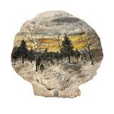 Winter Landscape, Grey and Gold Sky, Old Folk Art Painted Scallop Shell, Found in Maine